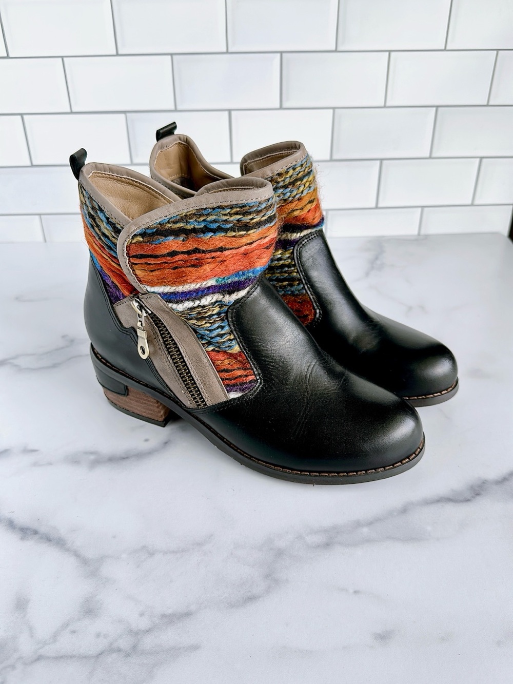 Elite by Corky’s Women’s Black Leather Ankle Boots with Multicolor Wool Cuff